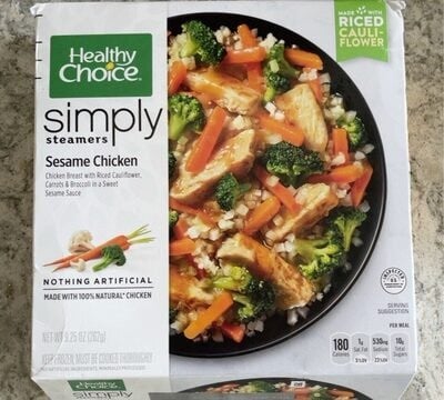 Healthy Choice Sesame Chicken Breast With Riced Cauliflower, Carrots & Broccoli In A Sweet Sesame Sauce Simply Steamers packaging