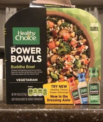 Healthy Choice Buddha Bowl Chickpeas And Vegetables Served On Top Of Barley, Brown Rice, Red Rice And Red Quinoa With A Sesame Tahini Sauce Topped With Feta Cheese & Seeds Power Bowls packaging