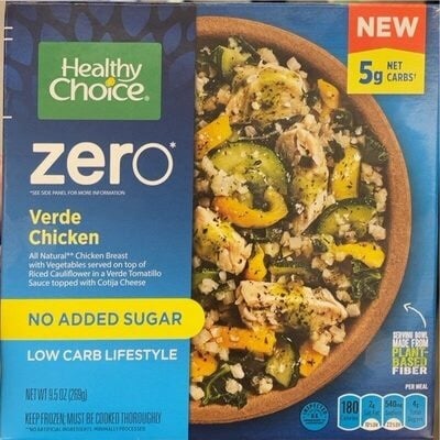 Healthy Choice Verde Chicken Breast With Vegetables Served On Top Of Riced Cauliflower In A Verde Tomatillo Sauce Topped With Cotija Cheese Zero Bowls packaging