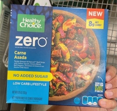 Healthy Choice Carne Asada Tender Braised Beef Strips With Yellow Squash, Greens Blend, Bell Peppers, Tomatoes & Onions In An Ancho Chile Sauce Zero Bowls packaging