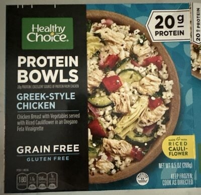 Healthy Choice Greek-Style Chicken Pulled Chicken Breast With Tomatoes, Zucchini, Greens Blend, Red Onions & Artichokes Served On Top Of Riced Cauliflower With An Oregano Feta Vinaigrette Power Bowls package