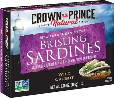 Crown Prince Mediterranean Style Wild Caught Brisling Sardines With Olive Oil, Black Olives, Red Pepper, Basil, And Oregano package