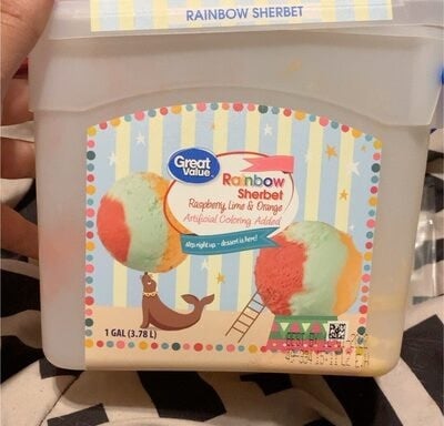 Great Value Raspberry, Orange & Lime Fat Free Rainbow Sherbet package
