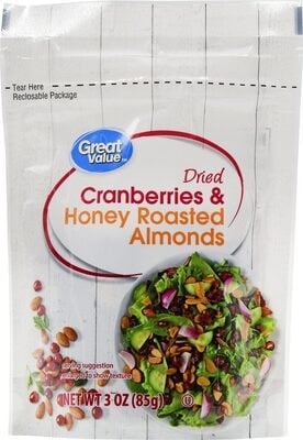 Great Value Sweetened Cranberries & Honey Roasted Almonds Dried Salad Topper packaging