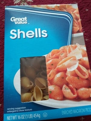 Great Value Enriched Macaroni Product, Shells packaging