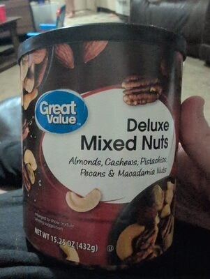 Great Value Deluxe Almonds, Cashews, Pistachios, Pecans & Macadamia Mixed Nuts package