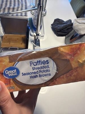 Great Value Shredded, Seasoned Potato Hash Browns Patties packaging