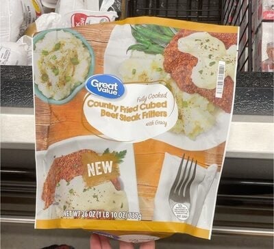 Great Value Country Fried Cubed Fully Cooked Beef Steak Fritters With Gravy package
