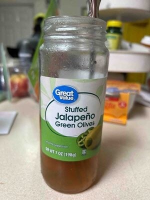 Great Value Jalapeno Stuffed Green Olives packaging