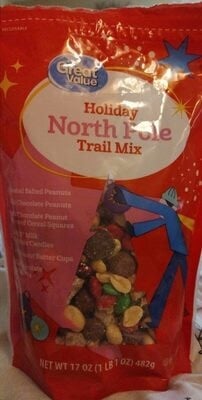 Great Value North Pole Holiday Roasted Salted Peanuts, Milk Chocolate Peanut Flavored Cereal Squares, M&m's Milk Chocolate Candies, Mini Peanut Butter Cups, Milk Chocolate Nonpareils Trail Mix package