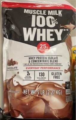 Muscle Milk 100% Whey Protein 25 G Powder, Chocolate packaging