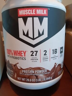 Muscle Milk 100% Whey Protein 27 G Powder, Chocolate packaging