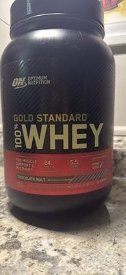 Optimum Nutrition Chocolate Malt Gold Standard 100% Whey Protein Powder Drink Mix packaging