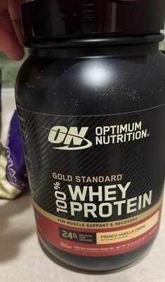 Optimum Nutrition French Vanilla Creme Flavored Gold Standard 100% Whey Protein Powder Drink Mix packaging