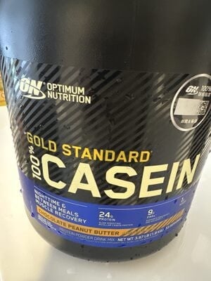 Optimum Nutrition Chocolate Peanut Butter Flavored Gold Standard 100% Casein Protein Powder Drink Mix packaging