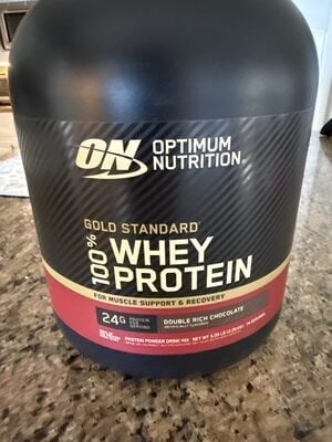Optimum Nutrition Double Rich Chocolate Gold Standard 100% Whey Protein Powder Drink Mix packaging