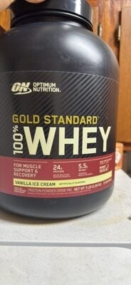 Optimum Nutrition Vanilla Ice Cream Flavored Gold Standard 100% Whey Protein Powder Drink Mix packaging