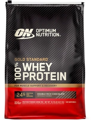 Optimum Nutrition Double Rich Chocolate Flavored Gold Standard 100% Whey Protein Powder Drink Mix packaging