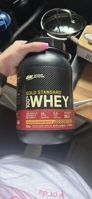 Optimum Nutrition Chocolate Peanut Butter Flavored Gold Standard 100% Whey Protein Powder Drink Mix packaging