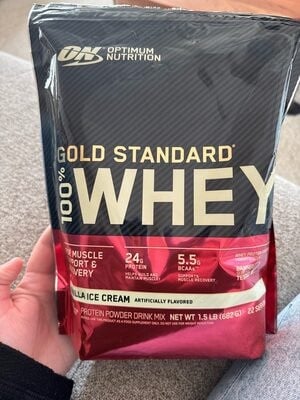 Optimum Nutrition Vanilla Ice Cream 100% Whey Protein Powder Drink Mix packaging