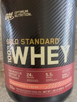 Optimum Nutrition Strawberries & Cream Flavored Gold Standard 100% Whey Protein Powdered Drink Mix packaging