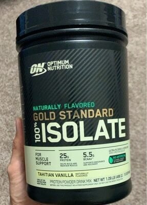 Optimum Nutrition Tahitian Vanilla Flavored 100% Isolate Protein Powder Drink Mix packaging