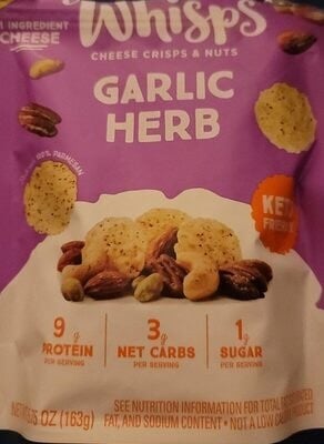 Whisps Cheese Crisps & Nuts Garlic Herb Keto Friendly Snack Mix packaging
