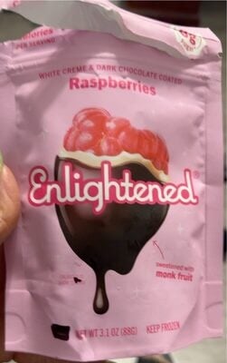 Enlightened White Creme & Dark Chocolate Coated Raspberries package