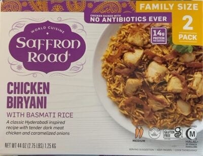 Saffron Road Chicken Biryani With Basmati Rice A Classic Hyderabadi Inspired Recipe With Tender Dark Meat Chicken And Caramelized Onions packaging