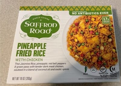 Saffron Road Mild Pineapple Fried Rice With Chicken Thai Jasmine Rice, Pineapple, Red Bell Peepers & Green Peas With Tender Dark Meat Chicken, Sauteed In A Blend Of Coconut Oil And Exotic Spices packaging