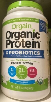 Orgain Organic Protein + Probiotics Plant Protein 21g Protein Powder, Vanilla Bean packaging