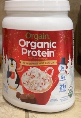 Orgain Organic Plant Protein 21 G, Sugar 0 G, Prebiotic 5 G Protein Powder, Peppermint Hot Cocoa packaging