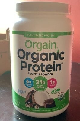 Orgain Organic Plant-Based Protein 21g, Sugar 1g, Prebiotic + Fiber 6g Protein Powder, Chocolate Coconut packaging
