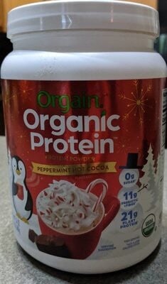 Orgain Peppermint Hot Cocoa Flavored Organic Protein Powder packaging