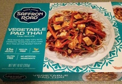 Saffron Road Vegetable Pad Thai With Rice Noodles Handcrafted Firm Tofu With Carrots, Scallions And Peanuts In A Thai-Style Peanut Sauce packaging